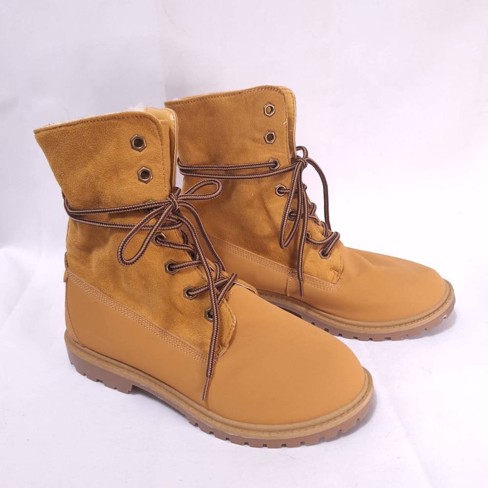 Charlotte Russe Suede Sherpa Lined‎ Lace Up Combat Boots Women 8 Fold Top Mint